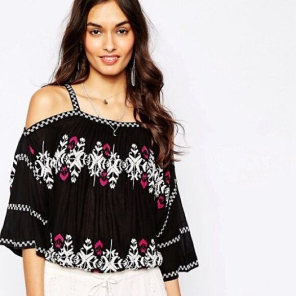 Free People Blue Embroidered Cold Shoulder Top Contemporary Festival Boho - Picture 14 of 14